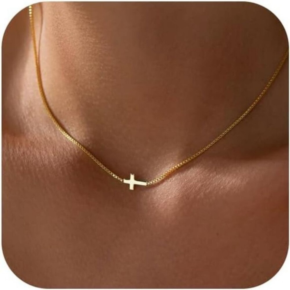 14K Real Gold plated Cross Necklace Pendant Chain for Women Dainty Minimalist